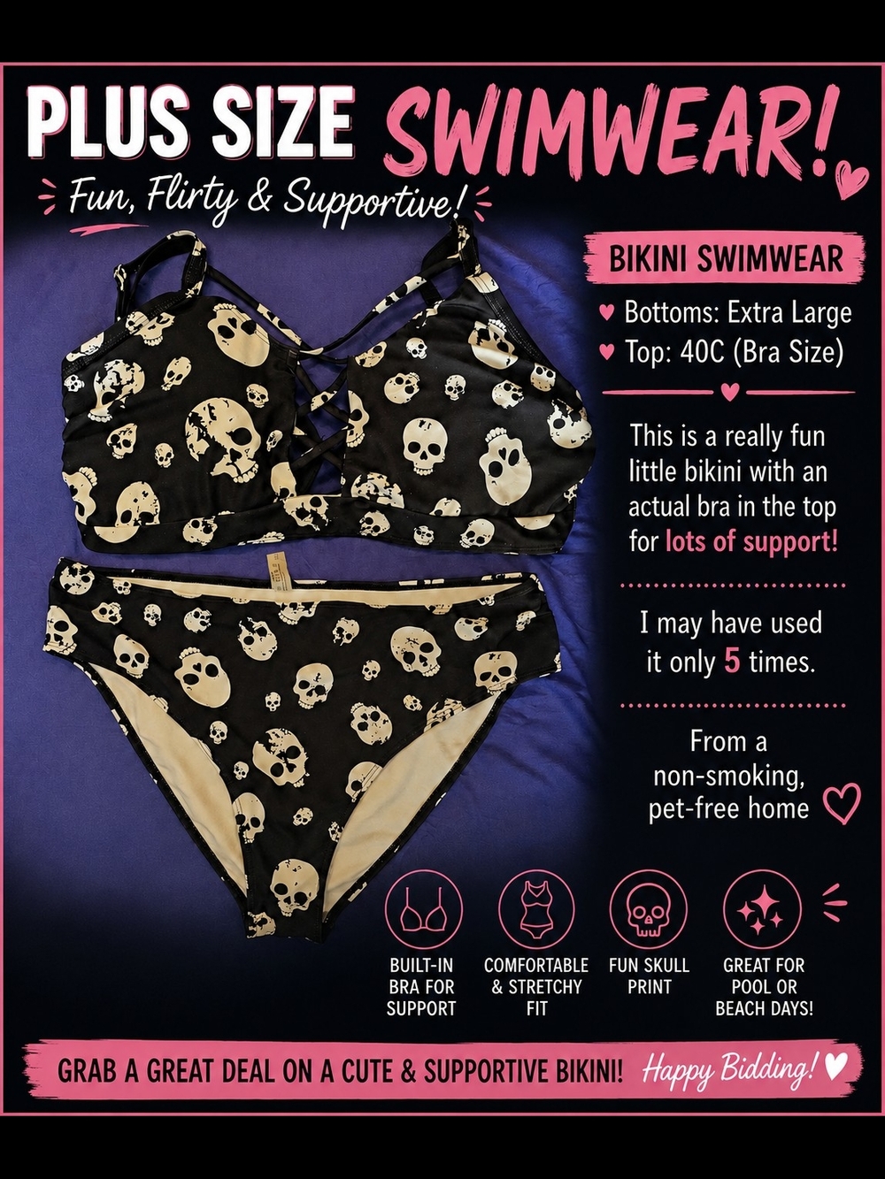 Torrid Black Skull Print Plus Size Bikini With Real Bra
